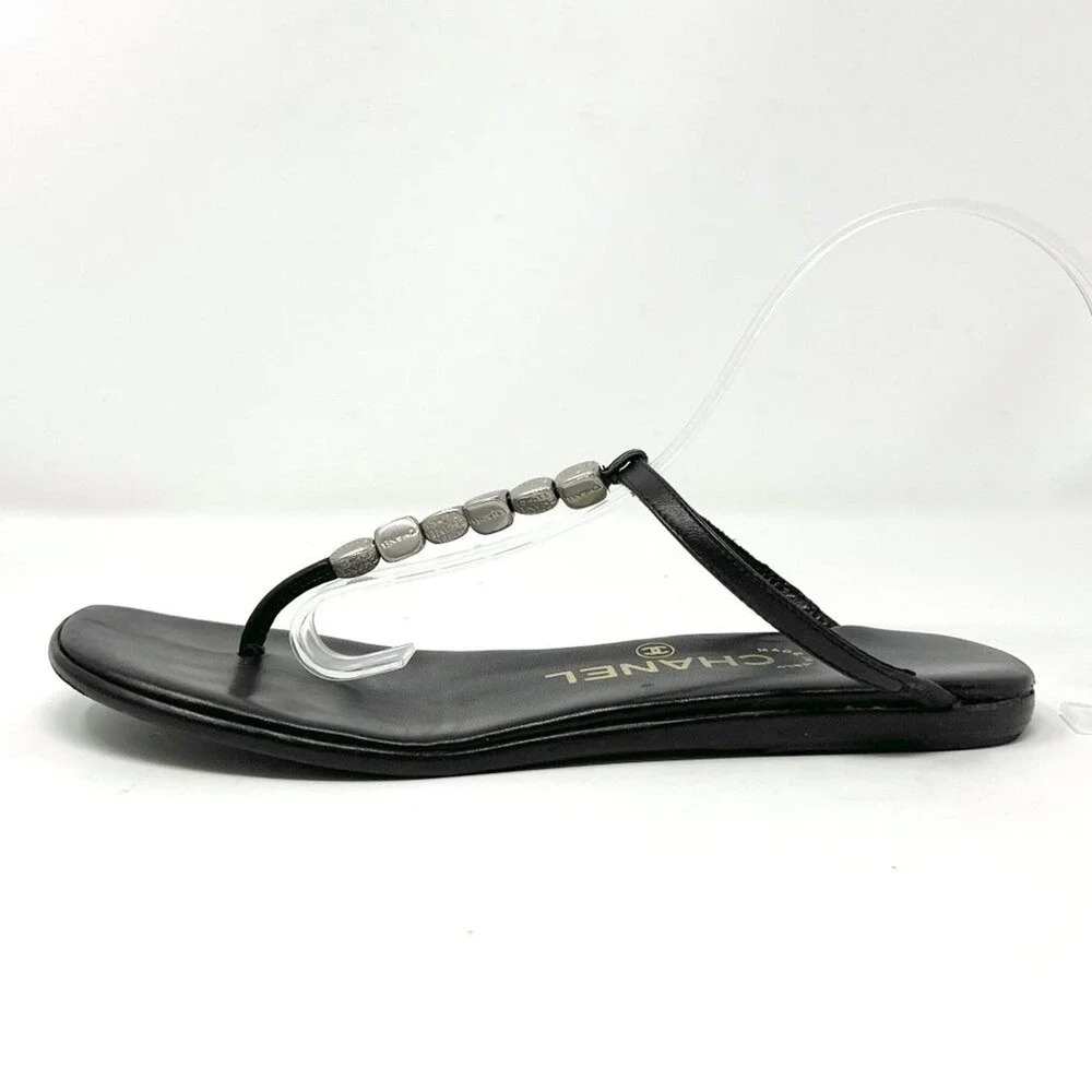 Chanel Black Leather CC Logo‎ Flat Thong Sandals 36.5 Vintage